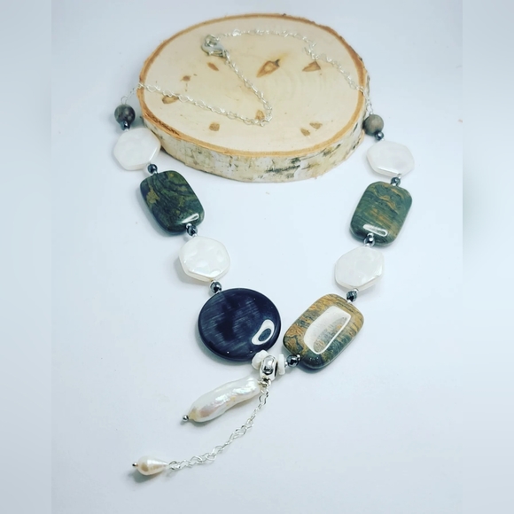 Baroque Pearl, Imperial Jasper Stainless steel chain necklace - Picture 3 of 5